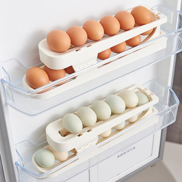 Huayishang Rack Rolling Egg Dispenser Foldable Space Saving Automatic Egg Roller Dispenser 2 Tier Rolling Egg Holder Container Display Rack Organizer For Kitchen Refrigerator Storage