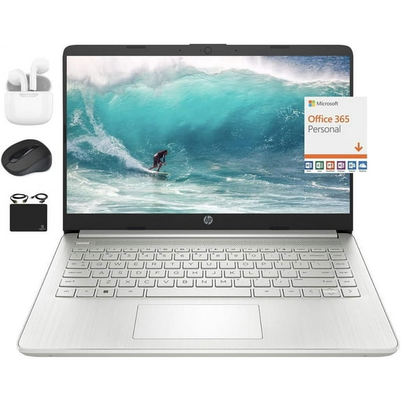 HP 2024 14" Laptop Notebook Thin Light Students Business, Quad-Core Intel N4120, 16GB RAM, 384GB (128GB eMMC  256GB Card) 1 Year Office 365, Webcam WiFi, Windows 11S, HubxcelAccessory Silver