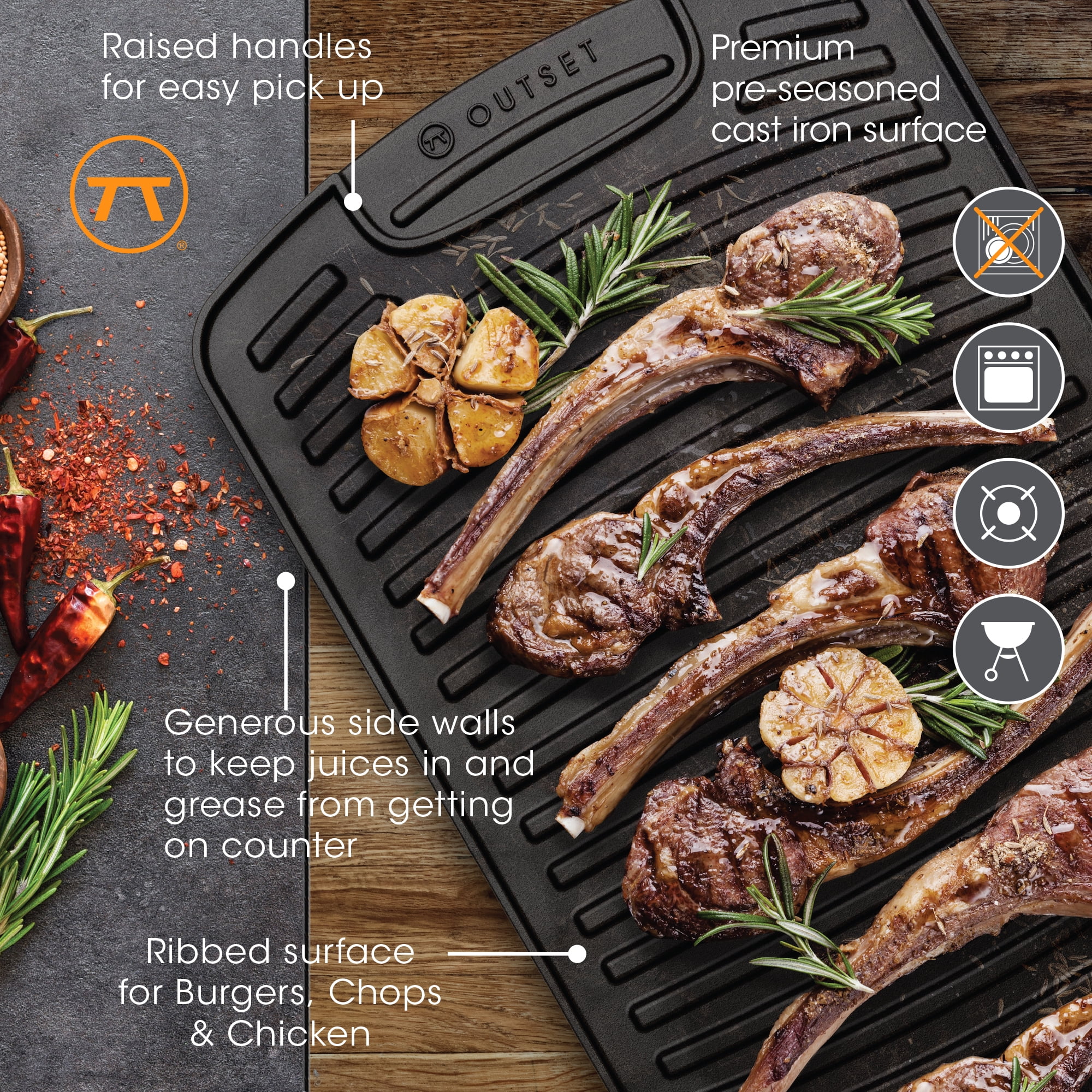Outset Reversible Cast Iron Griddle, 18” x 10” x 0.75”