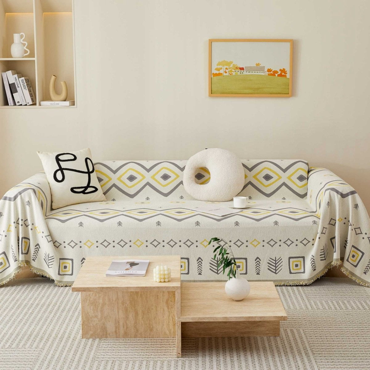 Croniis Boho Sofa Cover with Anti-slip Velcro Tape, Couch Blanket Cover Sectional Sofa Cover for Boho Style, Revitalizing the Old Sofa,Couch Protector,Chenille Fabric diamond pattern 71*134in