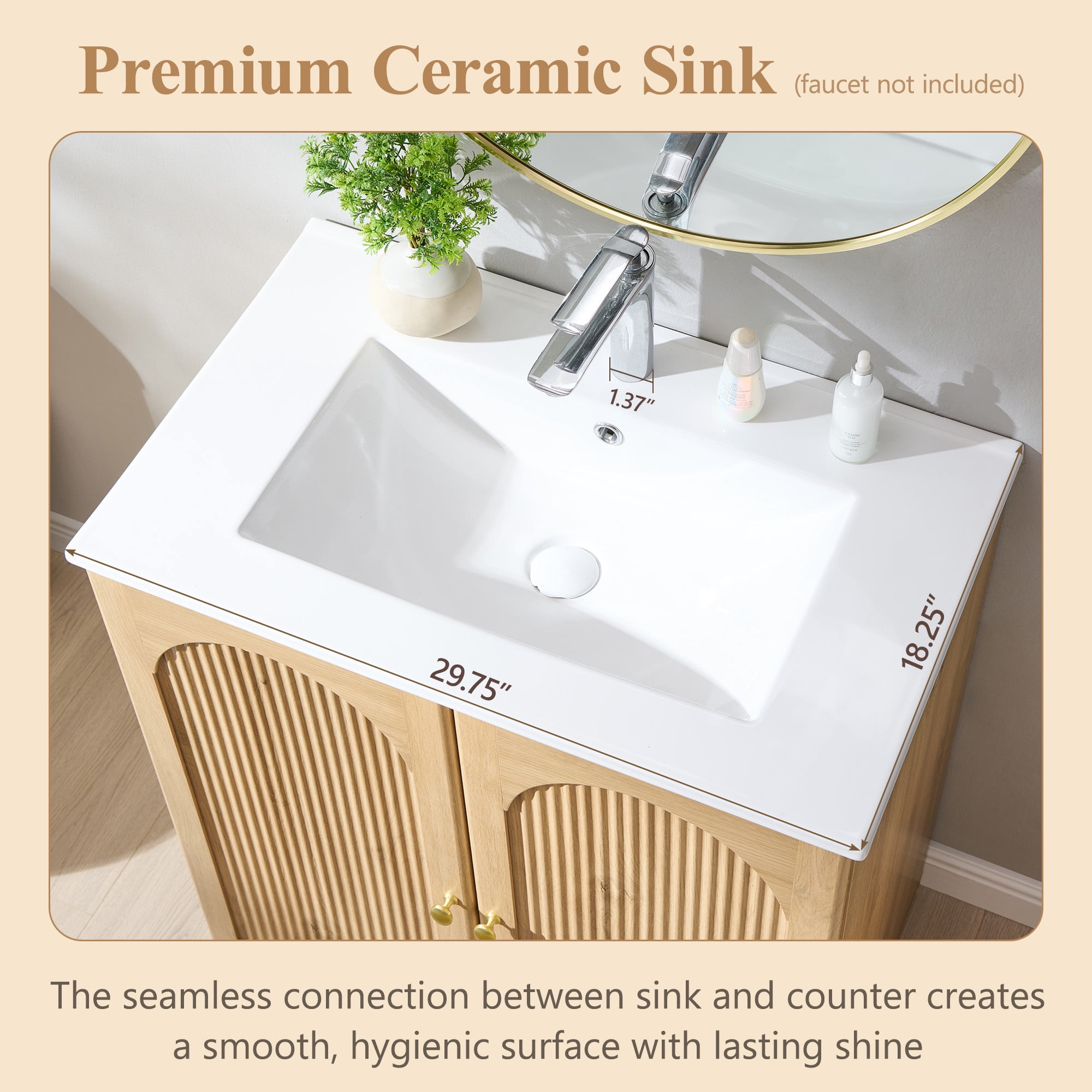 SinCiDo 30 Inch Bathroom Vanity with Sink, Arched Bathroom Vanity Cabinet with Ceramic Basin, Modern Fluted Bathroom Vanity w/Adjustable Shelf