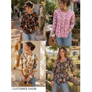 Cuteduck Women Plus Size Printed Tunic 3/4 Sleeve Fall Pleated Round-neck Casual Loose Ruffled Top 1X-5X