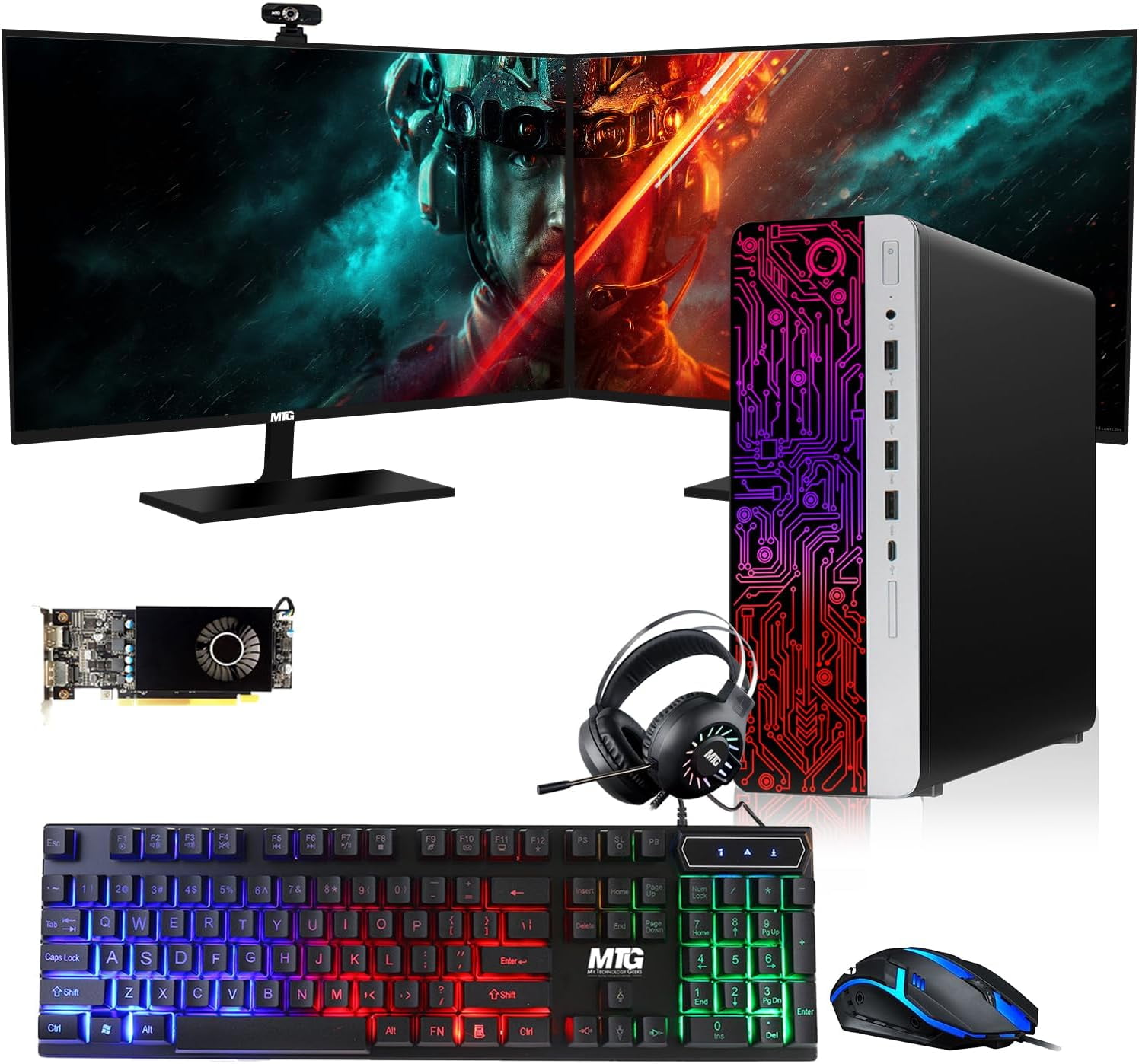 Restored HP G3 Gaming Desktop PC,Intel Core i5 4th Gen,AMD RX 550 Graphics,16GB RAM,240GB SSD,MTG New 27 Inch Dual Monitor,RGB Keyboard Mouse,Speaker,Webcam,Windows 11 Pro