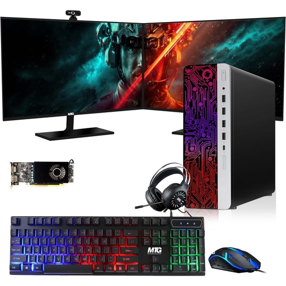 Restored HP G3 Gaming Desktop PC,Intel Core i5 4th Gen,AMD RX 550 Graphics,16GB RAM,240GB SSD,MTG New 27 Inch Dual Monitor,RGB Keyboard Mouse,Speaker,Webcam,Windows 11 Pro