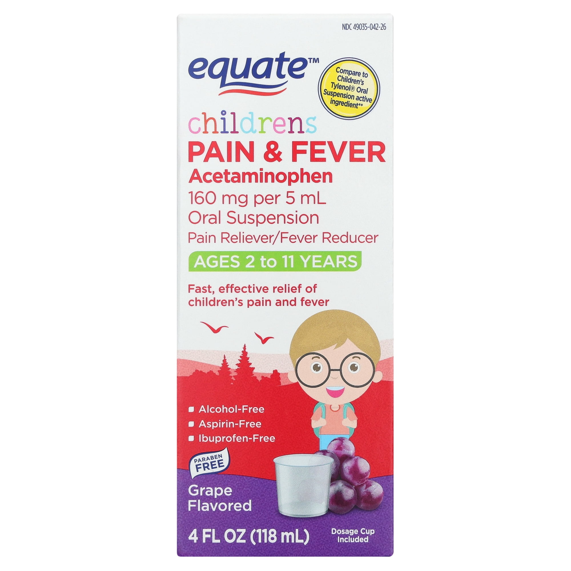 Equate Children's Pain & Fever Acetaminophen Oral Suspension, 160 mg, Grape Flavor, Ages 2 to 11 Years, 4 fl oz, Compare to Children's TylenolÂ® Oral Suspension Active Ingredient