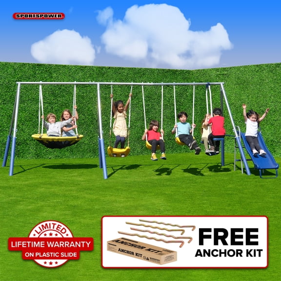 Sportspower Swing and Play Galvanized Metal Swing Set with 2 Swings, Standing Swing, Roman Glider, 38" Saucer Swing, & 5' Slide with Lifetime Warranty, Bonus Anchor Kit Included
