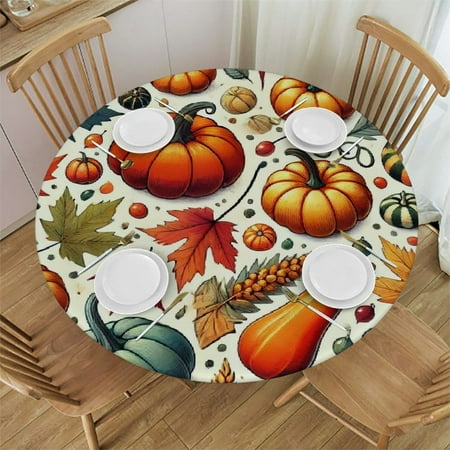 

Shadudu Furniture Decor Round Tablecloth - Premium 100% Polyester Waterproof Table Cover with Colorful Pumpkins and Maple Leaves Design Ideal for Seasonal Home Decor 60-inch Diameter 38 -42