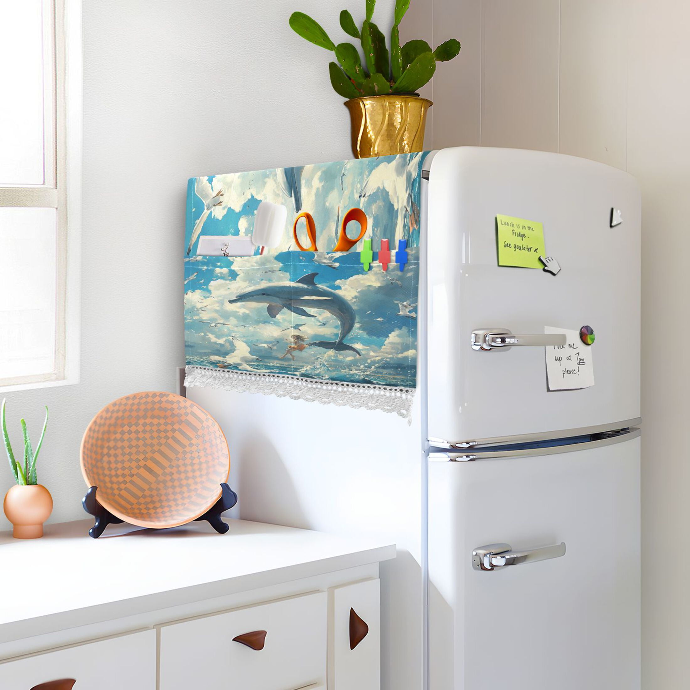 Dolphins Collide with SeagullsWasher and Dryer Covers Dust-Proof and Oil Resistant Fridge Cover with 4 Storage Pockets Washing Machine Top Cover for Laundry Kitchen Home 51.2 x 22 In