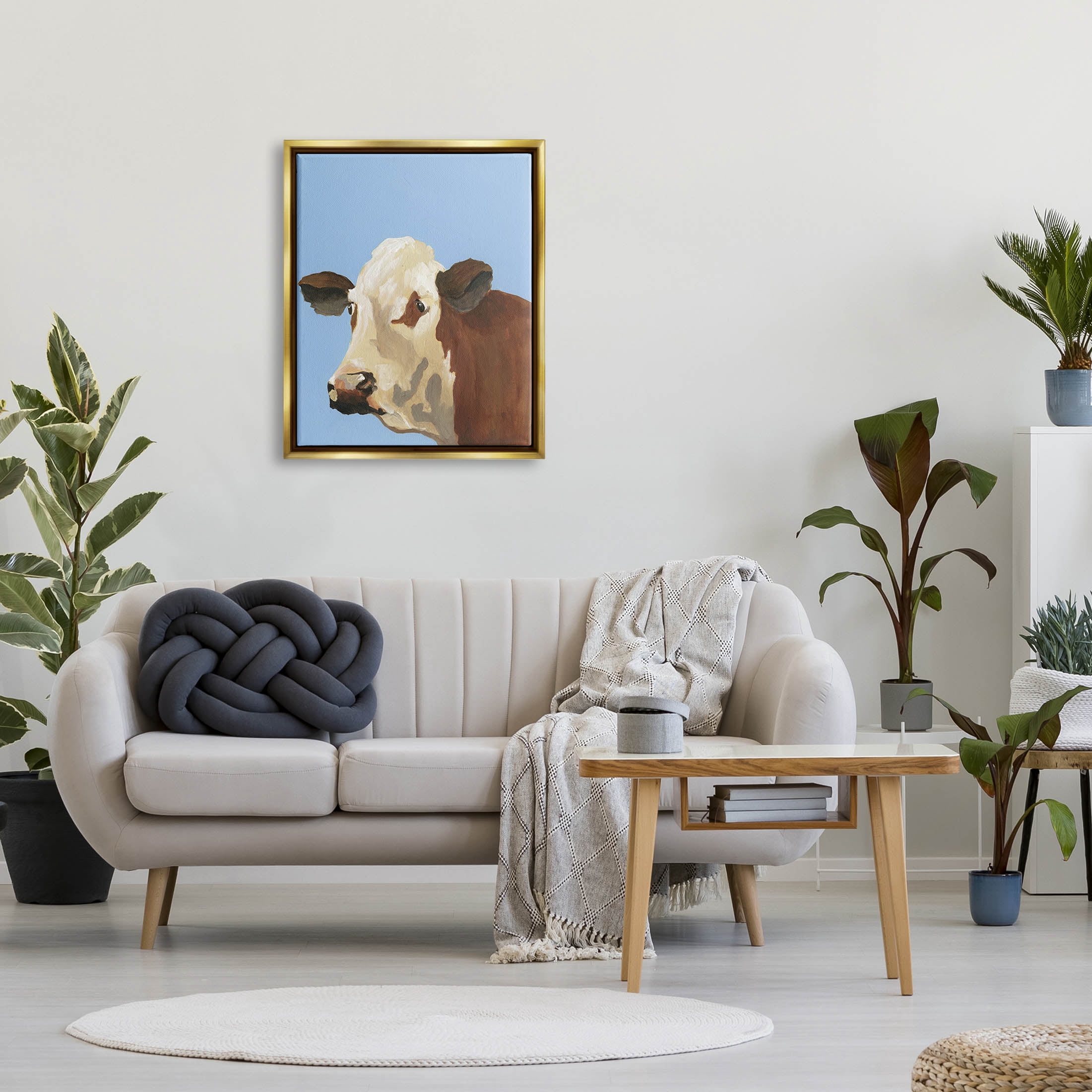 Stupell Industries Blue Farm Cow Portrait Graphic Art Metallic Gold Floating Framed Canvas Print Wall Art, Design by Regina Moore