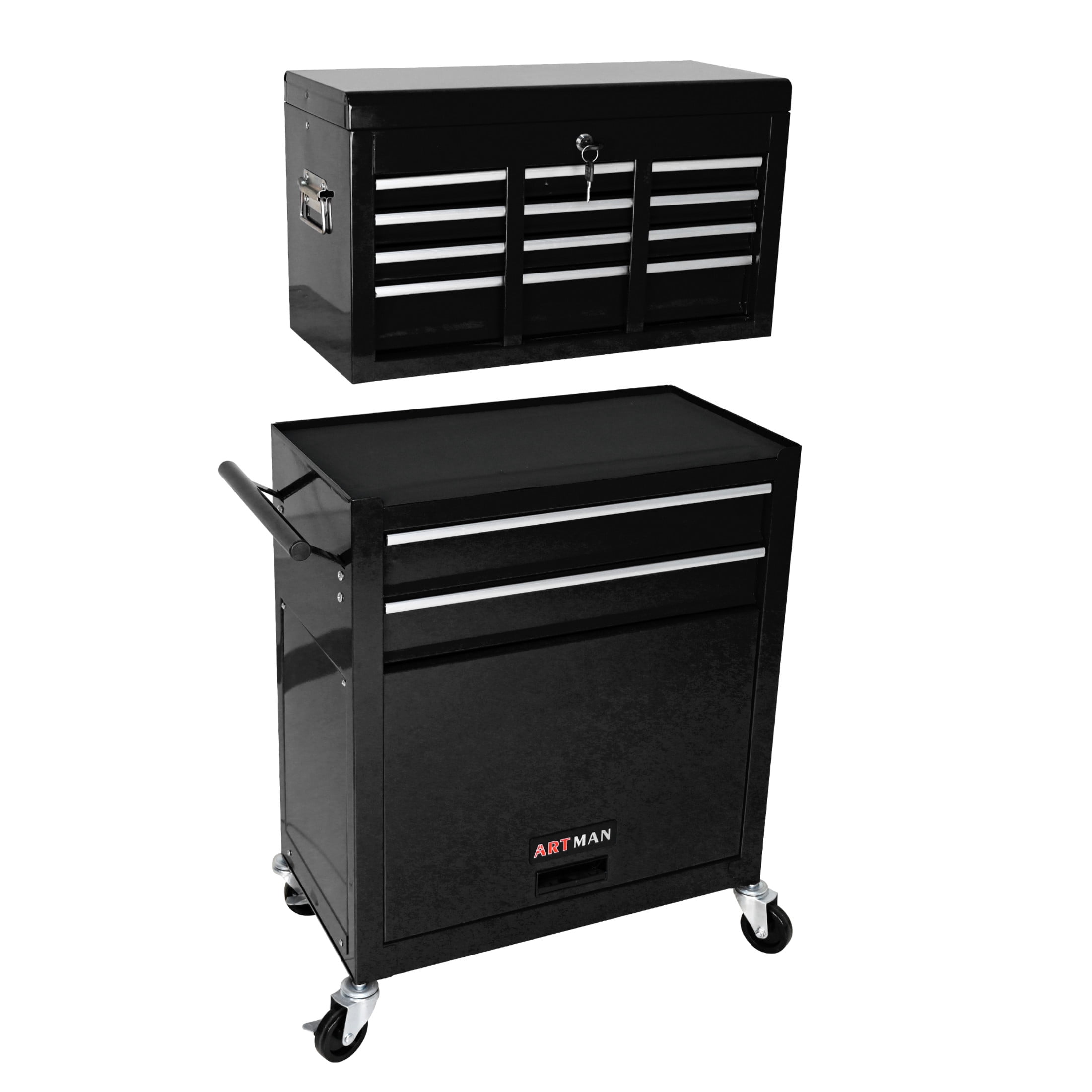 Noble House Heavy-Duty Rolling Tool Chest, 8-Drawer Steel Storage Box Organizer with Detachable Box, Black