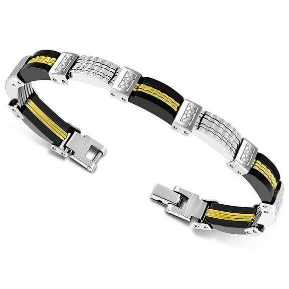 Stainless Steel Silver-Tone Black Gold-Tone Men's Bracelet, 8.5"