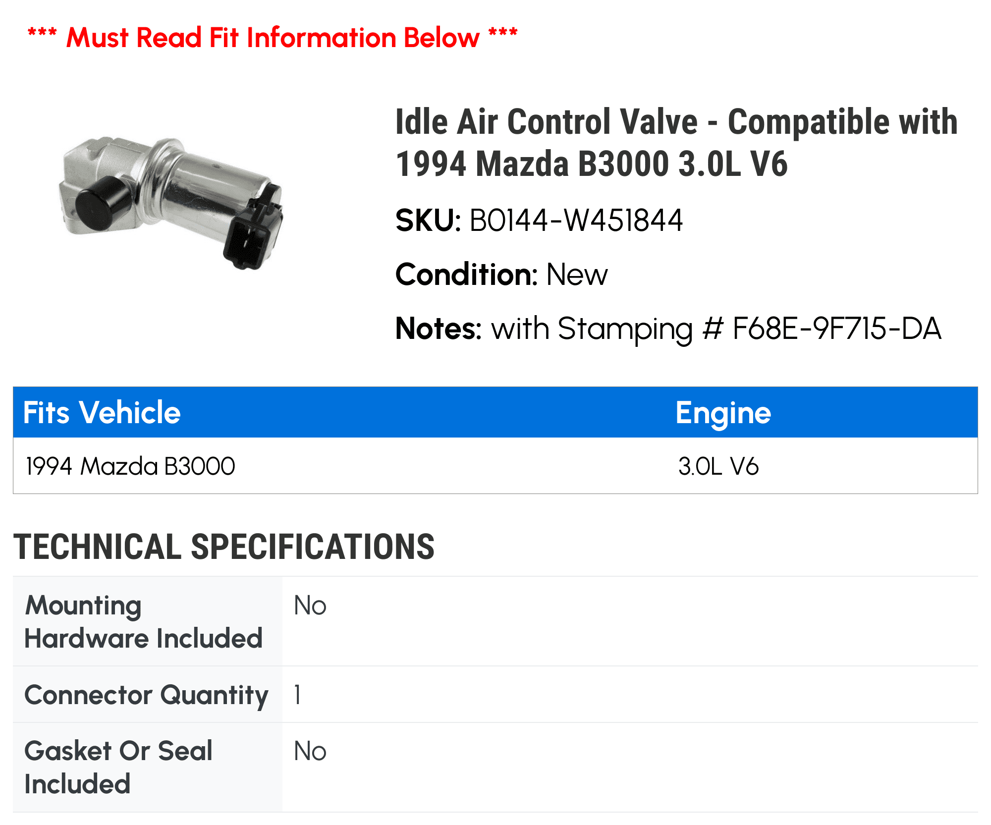 Idle Air Control Valve - Compatible with 1994 Mazda B3000 3.0L V6