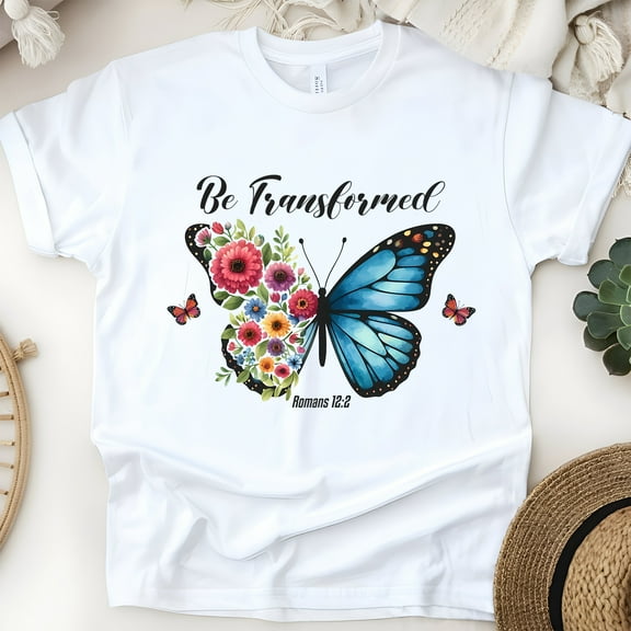 Christian Butterfly Graphic T-Shirt Be Transformed Romans 12:2, White, Size S