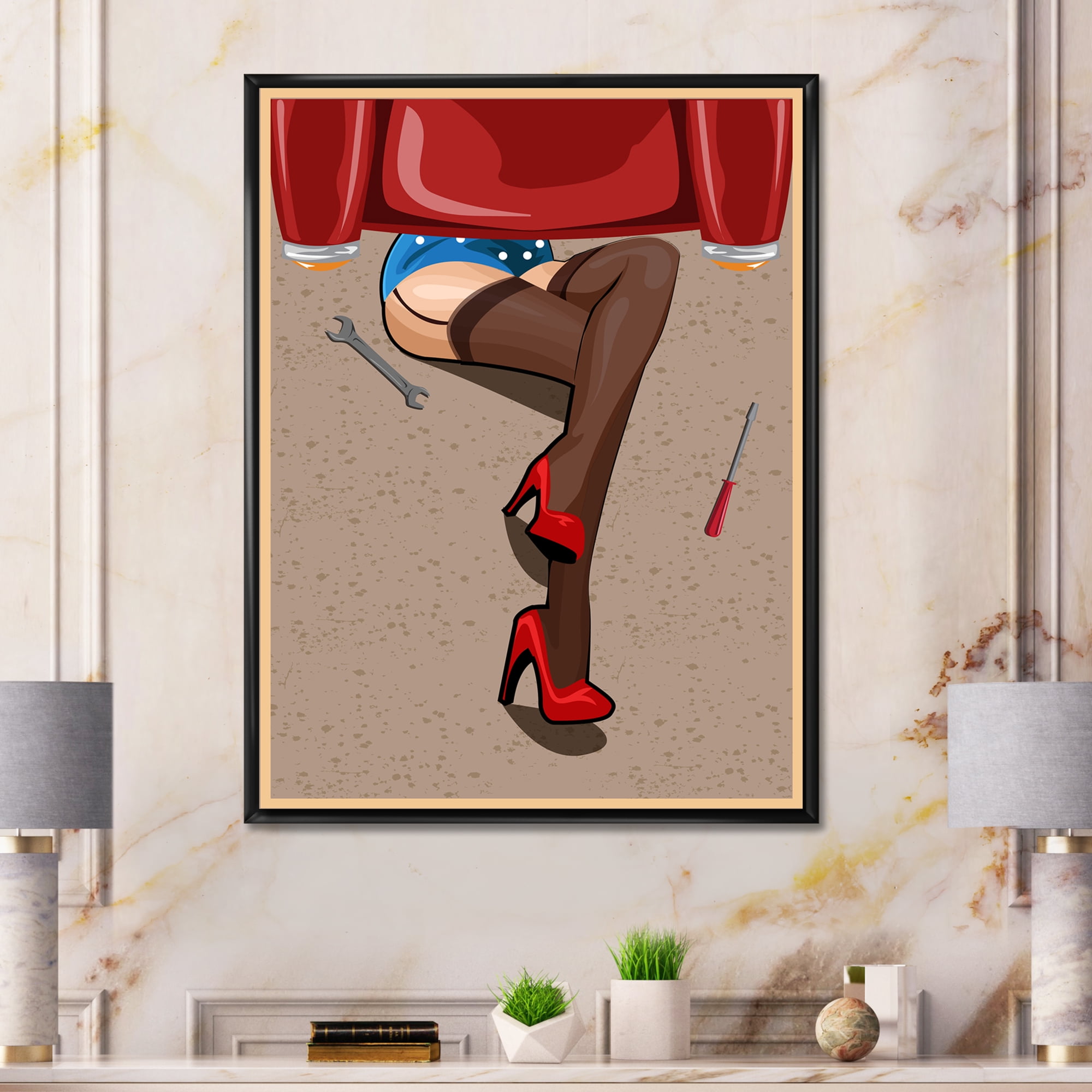 Designart 'Retro Sexy Girl Repairing The Car' Modern Framed Canvas Wall Art Print