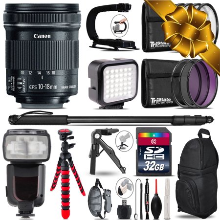 Canon 10-18mm IS STM - Video Kit + Pro Flash + Monopad - 32GB Accessory Bundle