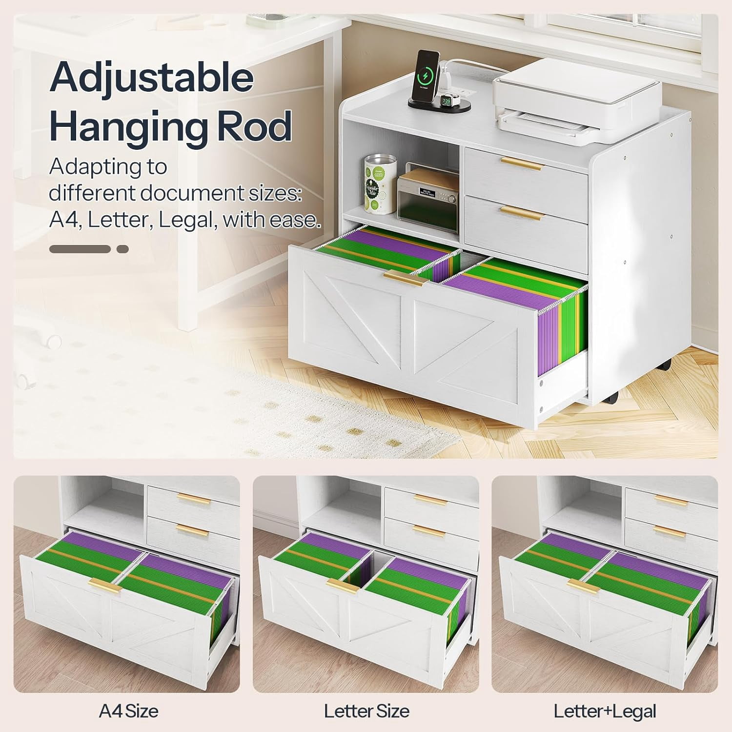 HOOBRO Rolling Wooden Lateral File Cabinet with Charging Station, Printer Stand & Open Storage, White