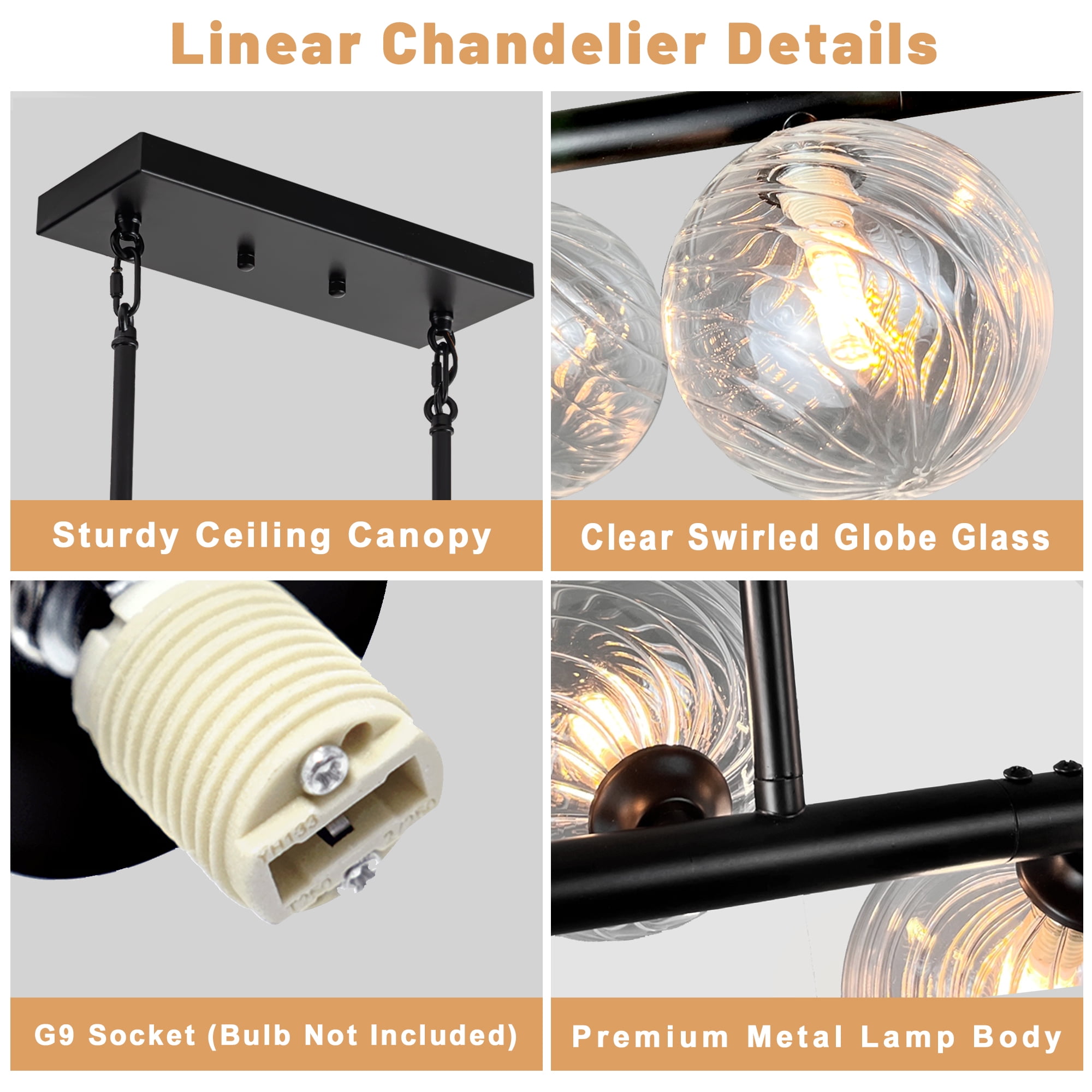 Auffel Linear Chandelier Chandeliers for Dining Room with Clear Swirled Glass Globe Dining Room Light Fixture for Kitchen Island Living Room 51inch 11-Lights Black