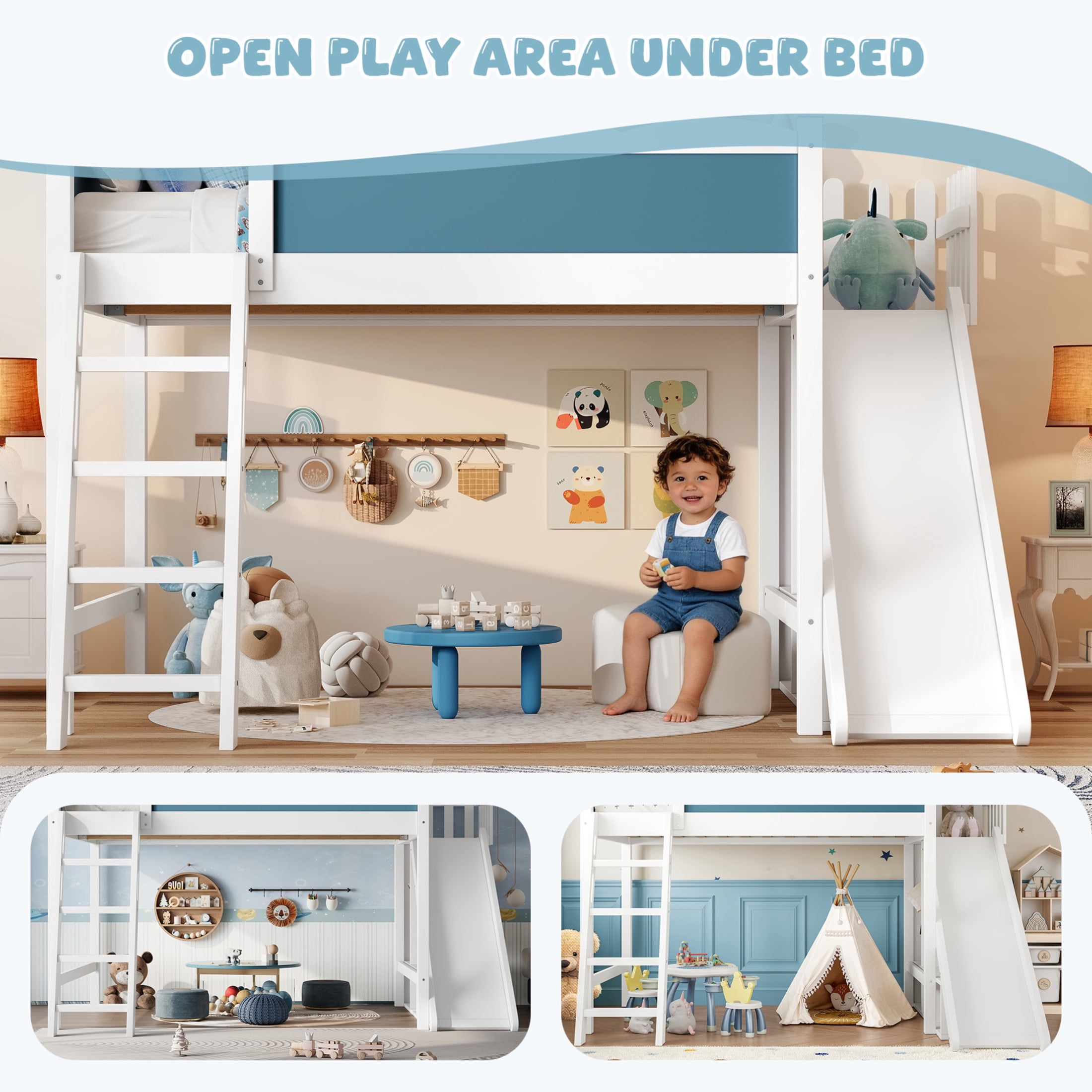 Noble House Twin Loft Bed with Storage Shelves, Detachable Slide and Ladder, White + Blue