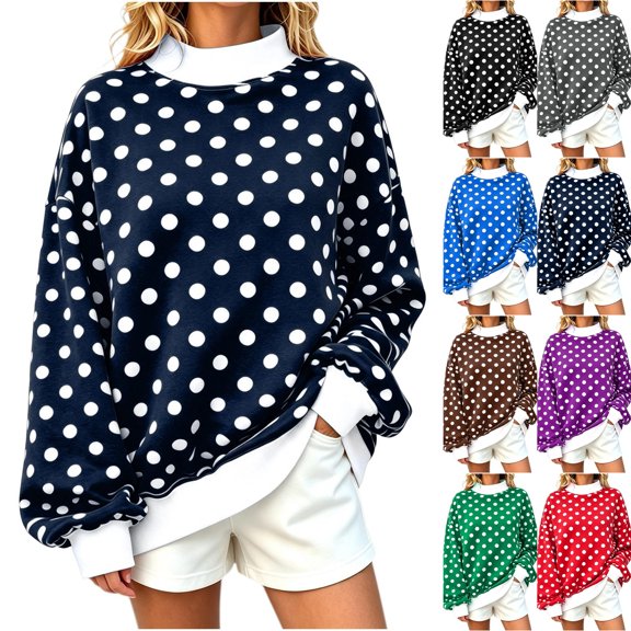 Womens Mock Neck Sweatshirts Oversized Pullover Polka Dot Fall Turtleneck,Fall Fashion Tops Long Sleeve Tops Casual Lounge Travel Work Hiking Tees Navy S