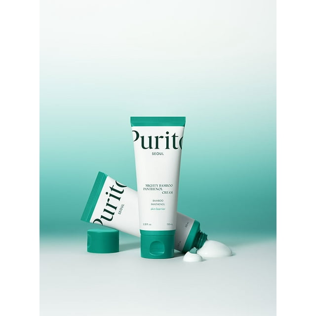 Purito Mighty Bamboo Panthenol Cream 100ml, a lightweight face moisturizer with 10% Panthenol, Damyang Bamboo Extract, and Niacinamide, designed to hydrate, soothe, and strengthen the skin barrier. The image shows a 100ml tube with a green cap, alongside another tube lying on its side with cream dispensed, set against a gradient green background.