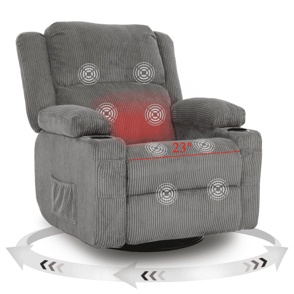 Oversized 360°Swivel Rocker Recliner Chair,Heat & 8-Point Massage,Cup Holders,400lb Capacity, Grey