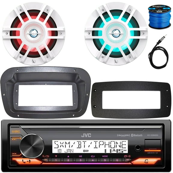 JVC KD-X38MBS Single-DIN Marine Bluetooth USB/AUX LED AM/FM Stereo SiriusXM Ready Receiver W/Spa Bezel   Adapter Plate, 2x 6.5" 300W Max Power 2-Way Coaxial White Boat RGB LED Speakers W/Wire, Antenna