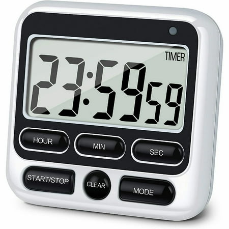 Digital Kitchen Timer with Mute/Loud Alarm Switch on/offSwitch, 24 Hour Clock & Alarm, Memory Function Count up & Count Down for Teachers Cooking, Large LCD Display, Strong Magnet (White)