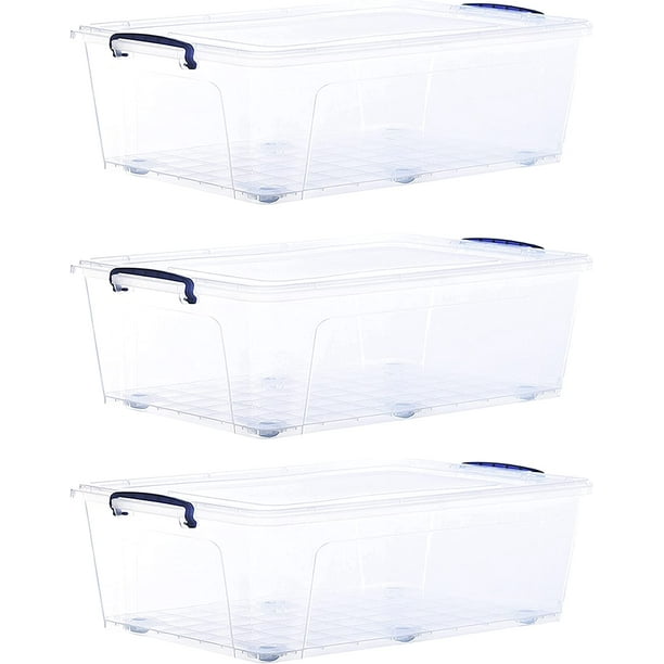 Superio Under Bed Storage Containers with Wheels (3 Pack), Flat Clear Storage Bin Stackable