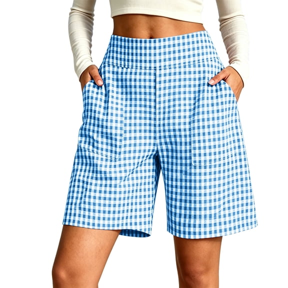 Gingham Shorts for Women Elastic Bermuda Short Pants Wide Leg Casual Shorts with Pockets Relaxed Summer Short Bottoms Daily Wear Beach Vacation 2026