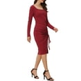 thumbnail image 4 of INSPIRE CHIC Women's Midi Drawstring Ruched Front Square Neck Long Sleeve Knit Bodycon Dress Burgundy M, 4 of 5