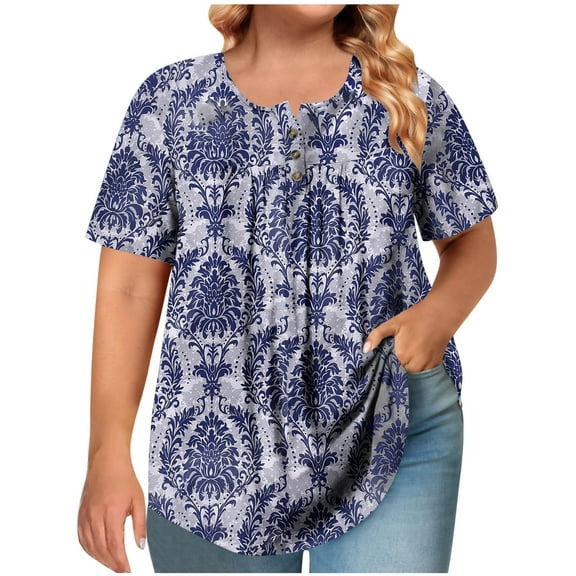 Plus Size Tops for Women Flowy Pleated Short Sleeve Crew Neck Button up Shirt Loose Floral Printed Blouses (XL, Blue 2)