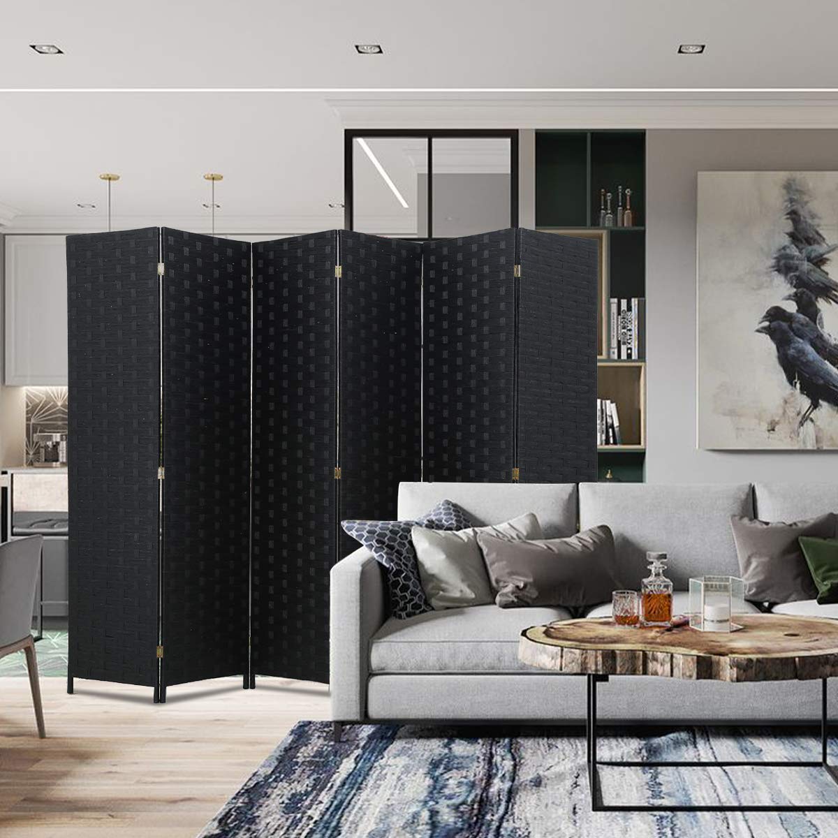 6 Panel  Room Dividers Folding Privacy Screen Partitions Room Dividers Wall Foldable Screen Portable Wood Mesh Woven Design Room Separator Screen for Home Office Bedroom Living Room, Black
