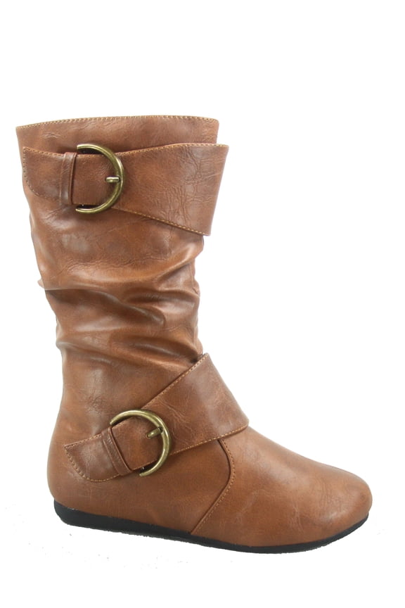 Unisex Kids Boots Cushioned Insole Slouchy Mid Calf, Flat Heel Tan, 9