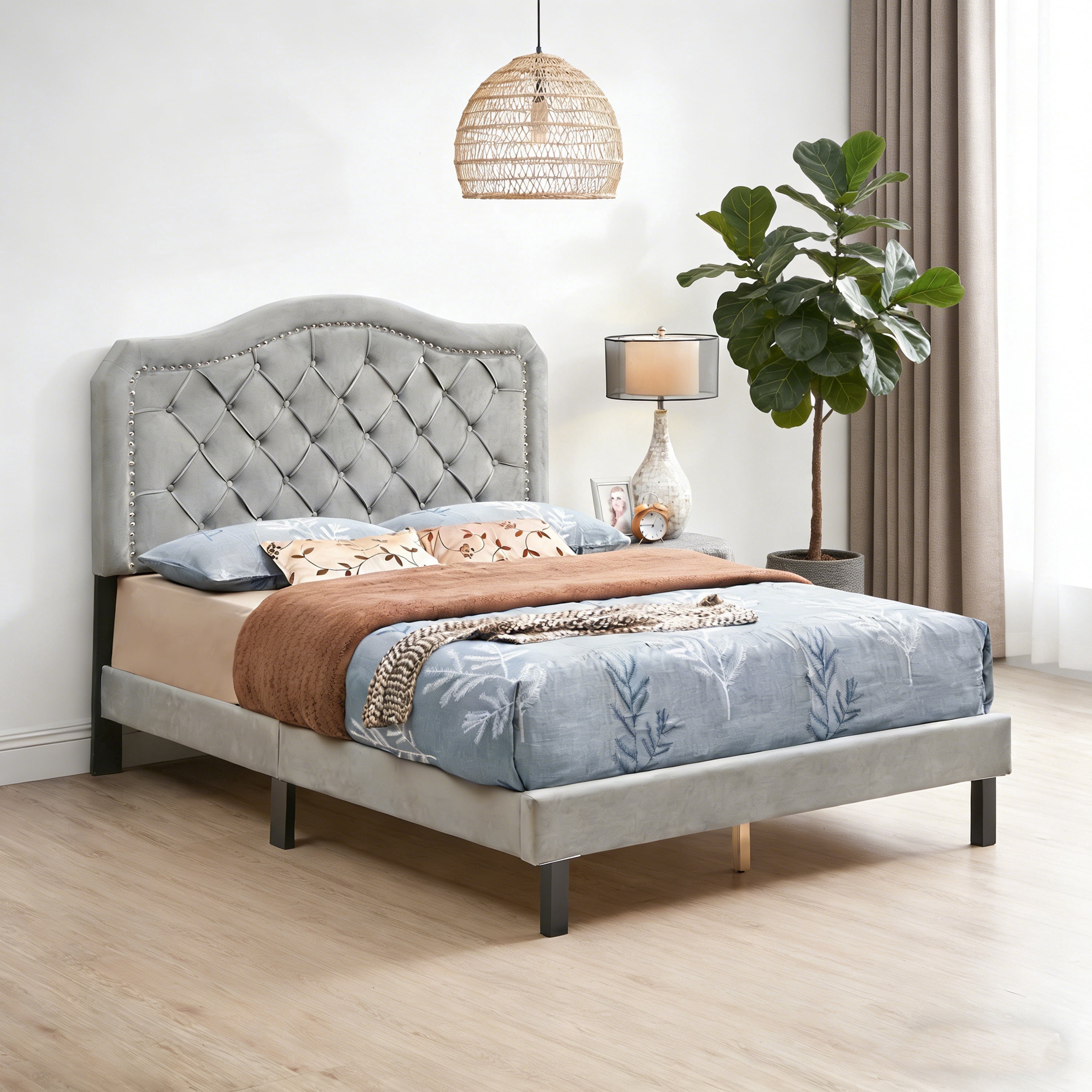 ASINMAK Queen Size Velvet Platform Bed Frame, Curved Button Tufted Headboard with Nailhead Trim, Wood Slat Support, Gray