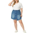 thumbnail image 2 of MODA NOVA Juniors Plus Size Slit Fashion Mini Denim Skirt with Pockets Blue 1X, 2 of 6