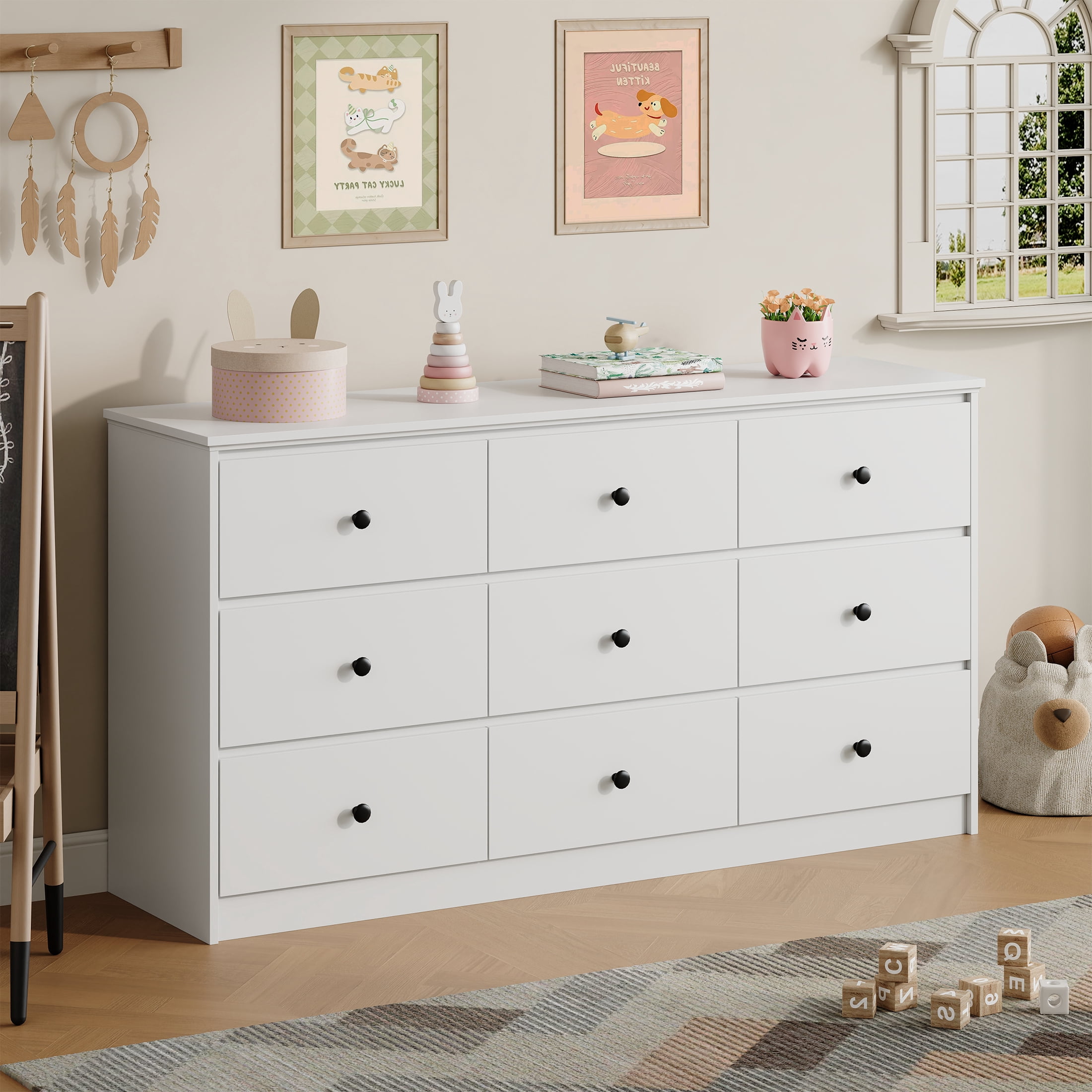 YouTrend 9 Drawer Dresser for Bedroom, White Wood Adult Dresser Cabinet with Metal Handles for Living Room, Hallway