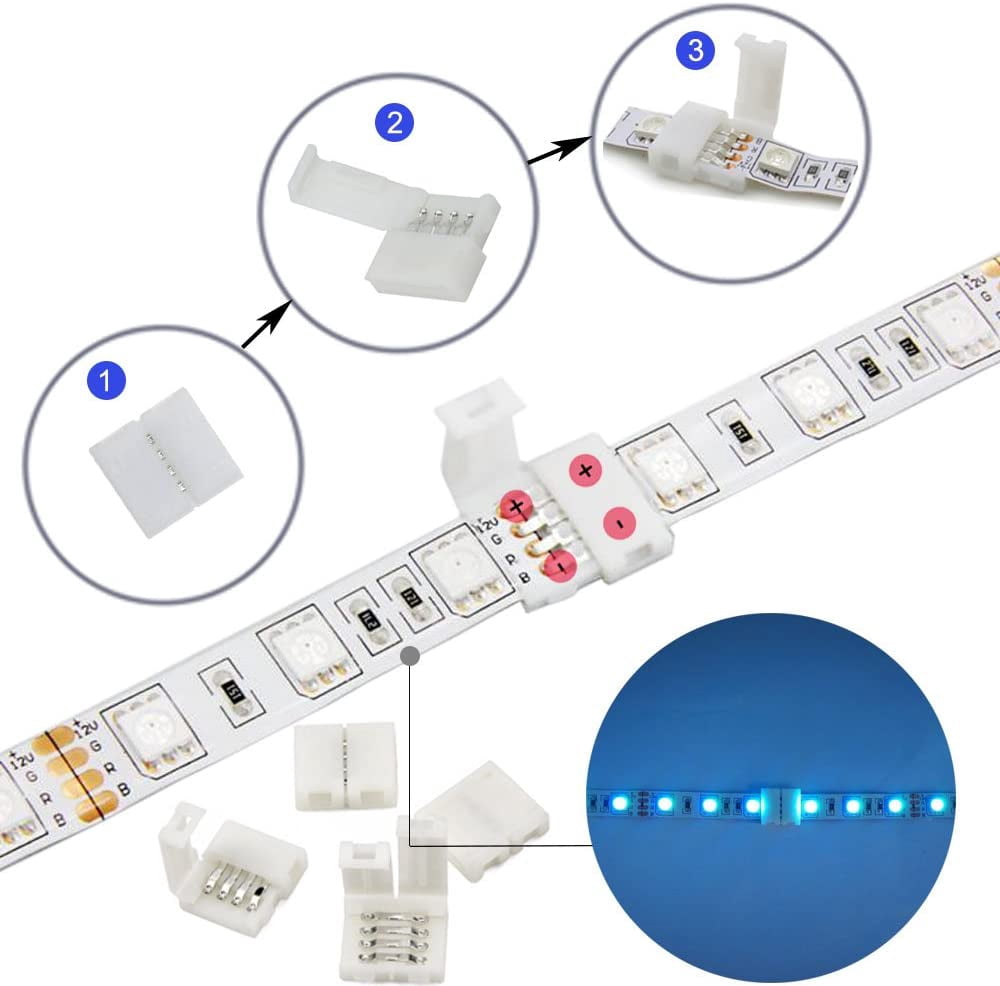 LED Strip Connector Kit for 5050 10mm 4Pin Includes RGB Splitter Cable, RGB Extension Cable, LED Strip Jumper, T and L Shape Connector
