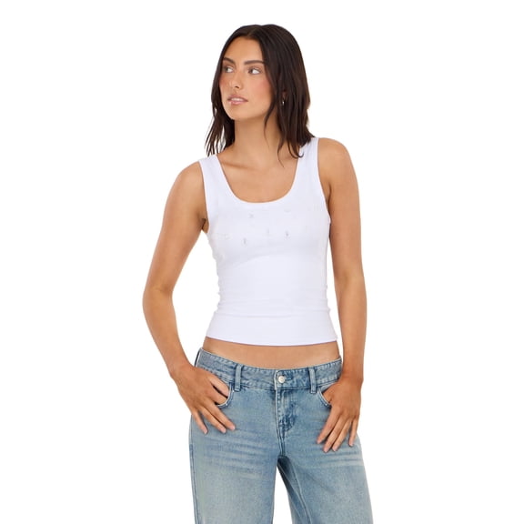 Forever 21 Women’s Beaded Tank Top, Fitted Sleeveless Scoop Neck Top with Embellished Front Detail for Casual Going-Out Looks, XS-XL