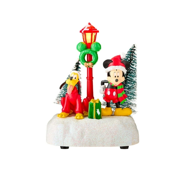 Disney, Light-up Lamppost with Mickey Mouse and Pluto Christmas Village Accessory Collectable Figurine, by Ruz, Red and Green