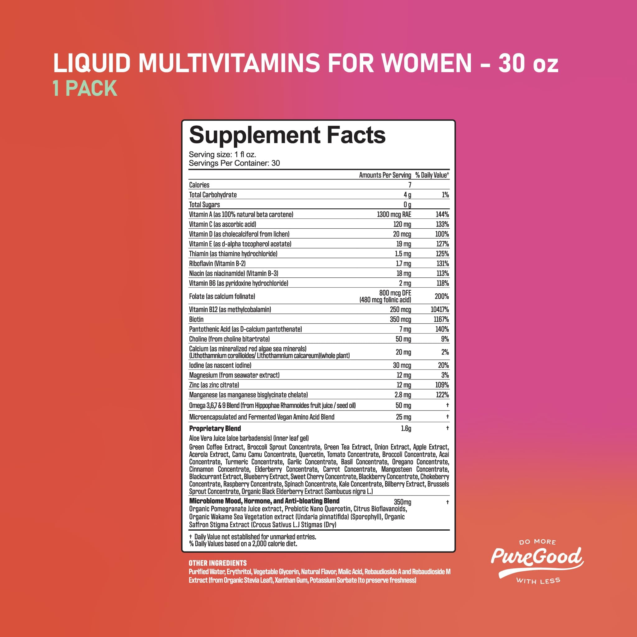 PureGood Women’s Liquid Multivitamin | 70+ Nutrients, Superfoods & Omegas | High Absorption Daily Supplement | Vegan, Non-GMO, Sugar Free | Mixed Berry Flavor | Made in USA