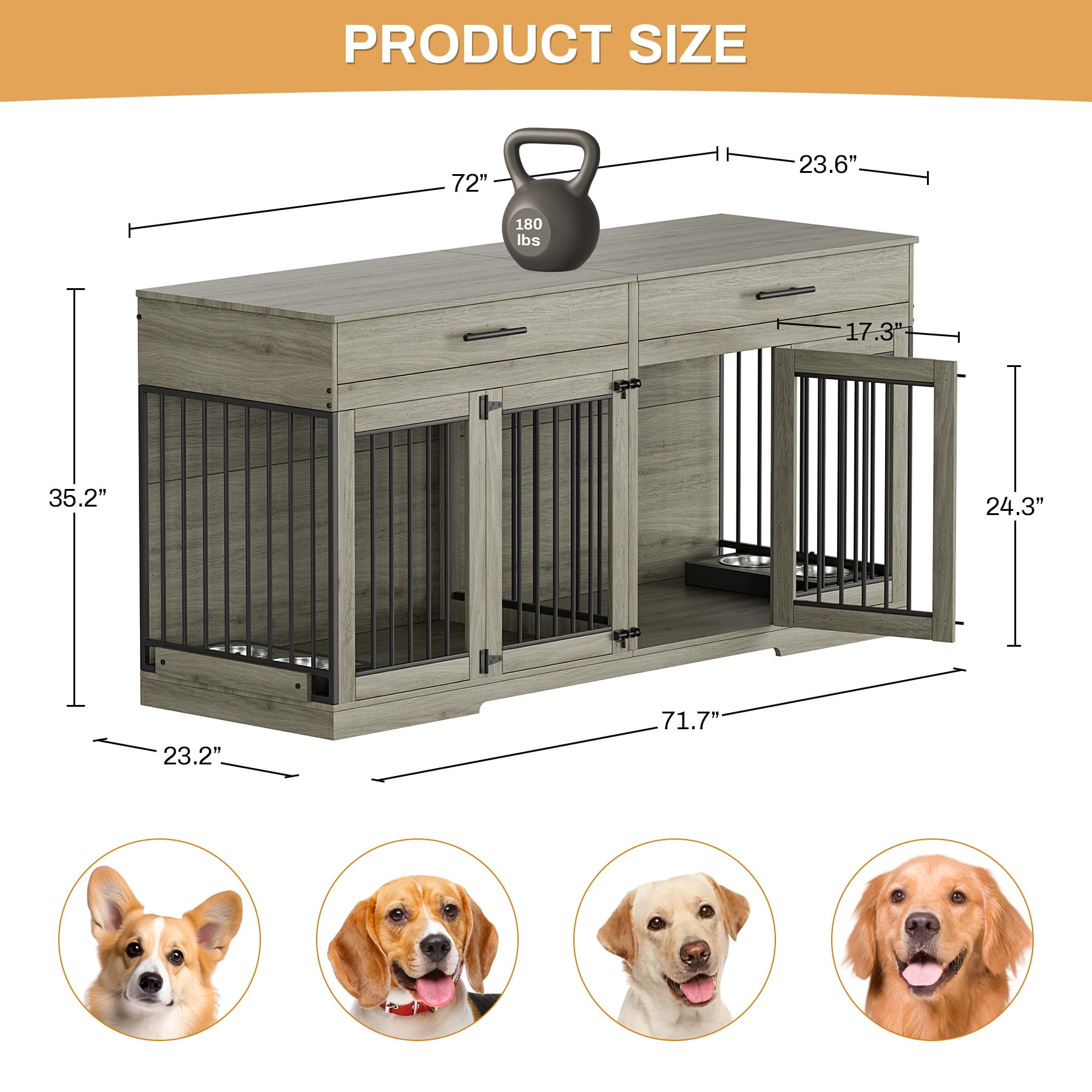 WIILAYOK 72.05" Dog Crate Furniture, Wooden Dog Kennel with 2 Drawers and 4 Dog Bowls, Heavy Duty Indoor Furniture Style Dog Cage House(Grey)