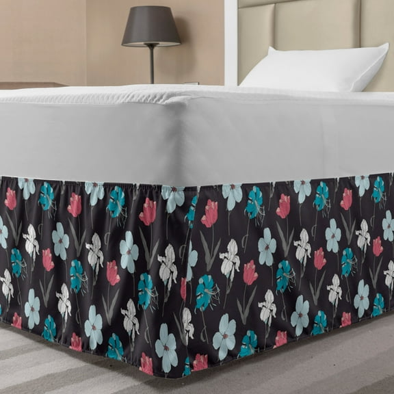 Flower Bed Skirt, Classical Blossoming Daffodils Vintage Style Feminine Illustration, Elastic Bedskirt Dust Ruffle Wrap Around for Bedding Decor, 4 Sizes, Charcoal Grey Multicolor, by Ambesonne