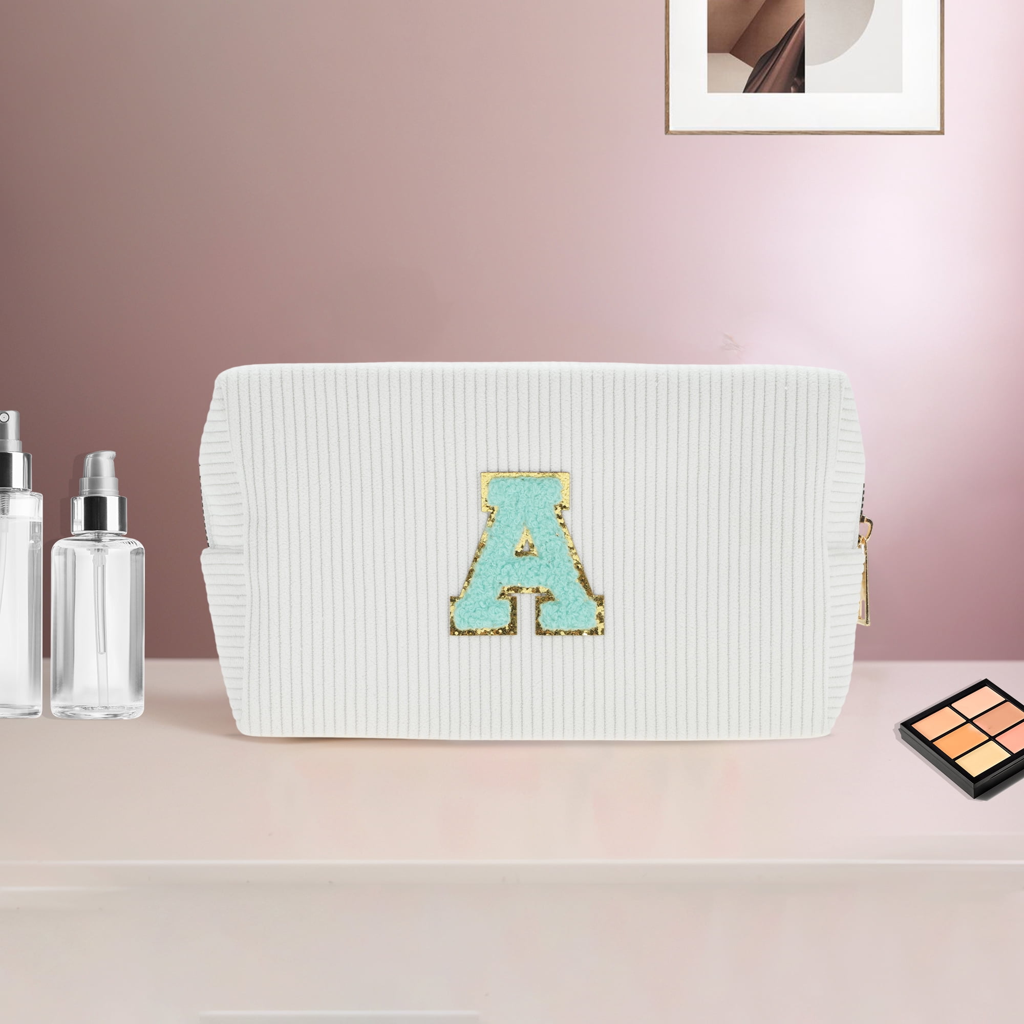 Unique Bargains 1 Pc Portable Corduroy Rectangular Letter Makeup Bag White [Letter A]