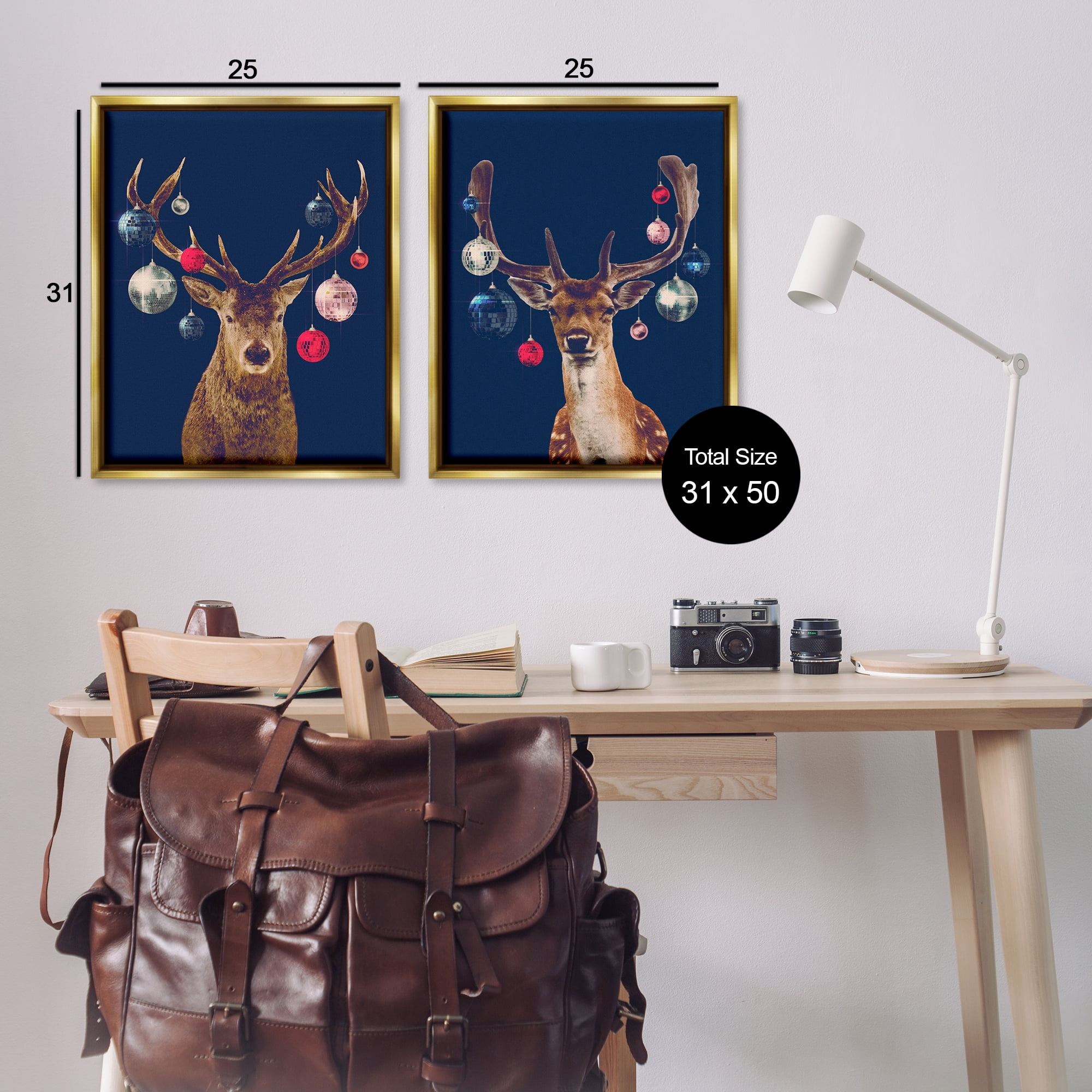 Stupell Industries Navy Brown Disco Deer Holiday Painting Gold Floater Framed Canvas Art Print Wall Art, 31 x 25, Set of 2