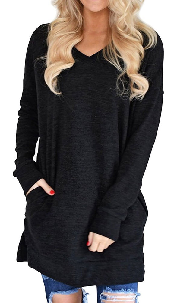 STARVNC Women Casual V-Neck Long Sleeves Pure Color Sweatshirt ...