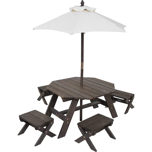 KidKraft Wooden Octagon Table, Stools & Umbrella Set, Kids’ Outdoor Furniture, Brown Bear & Beige
