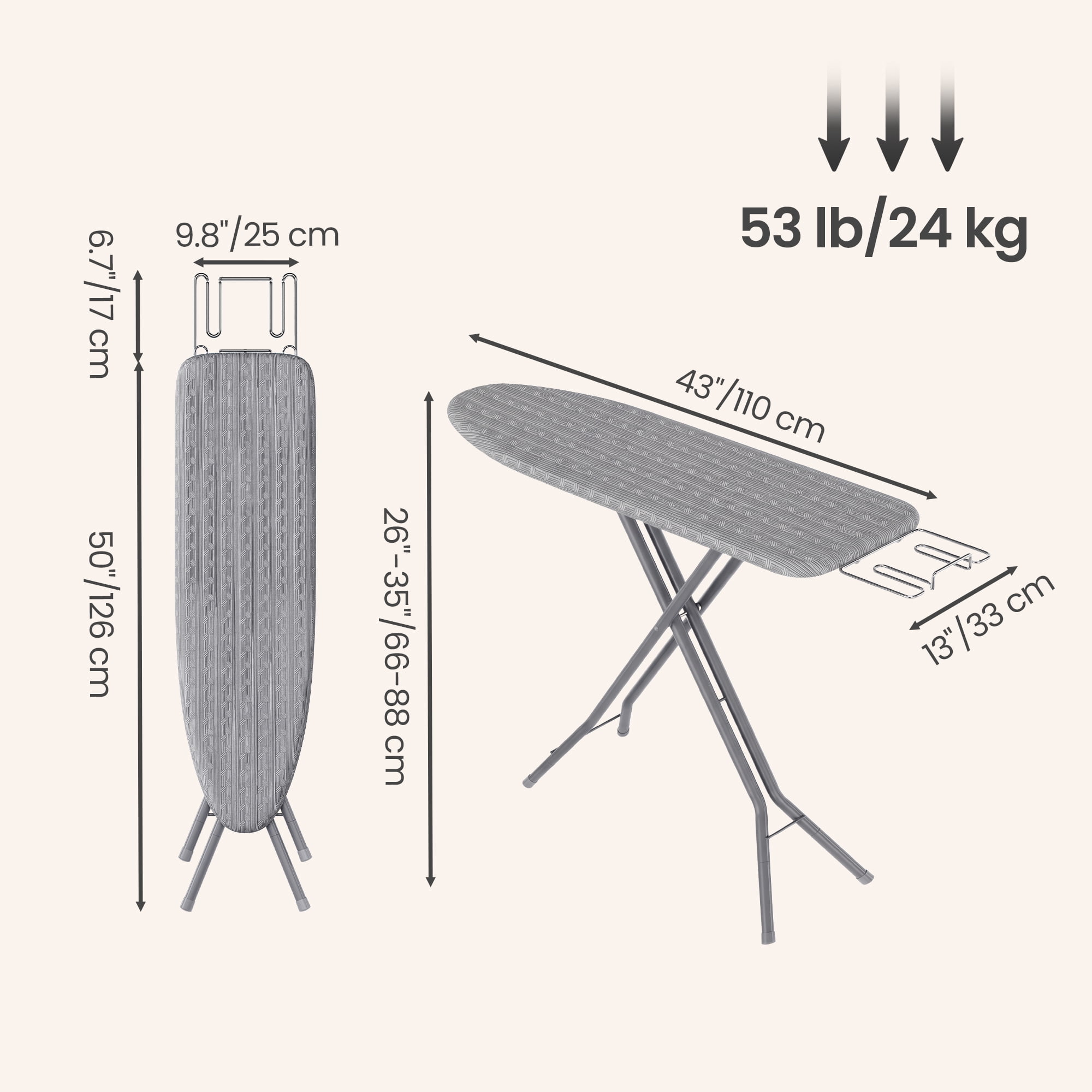 Ledrem Foldable Ironing Board, Height Adjustable, 43" x 13", Gray