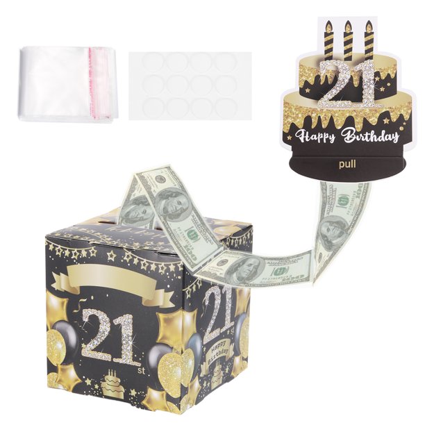 Caja de dinero para el 21 cumpleaños, caja de regalo de dinero con 100 bolsas transparentes para sorpresas de cumpleaños, decoraciones de fiesta para mujeres y hombres.