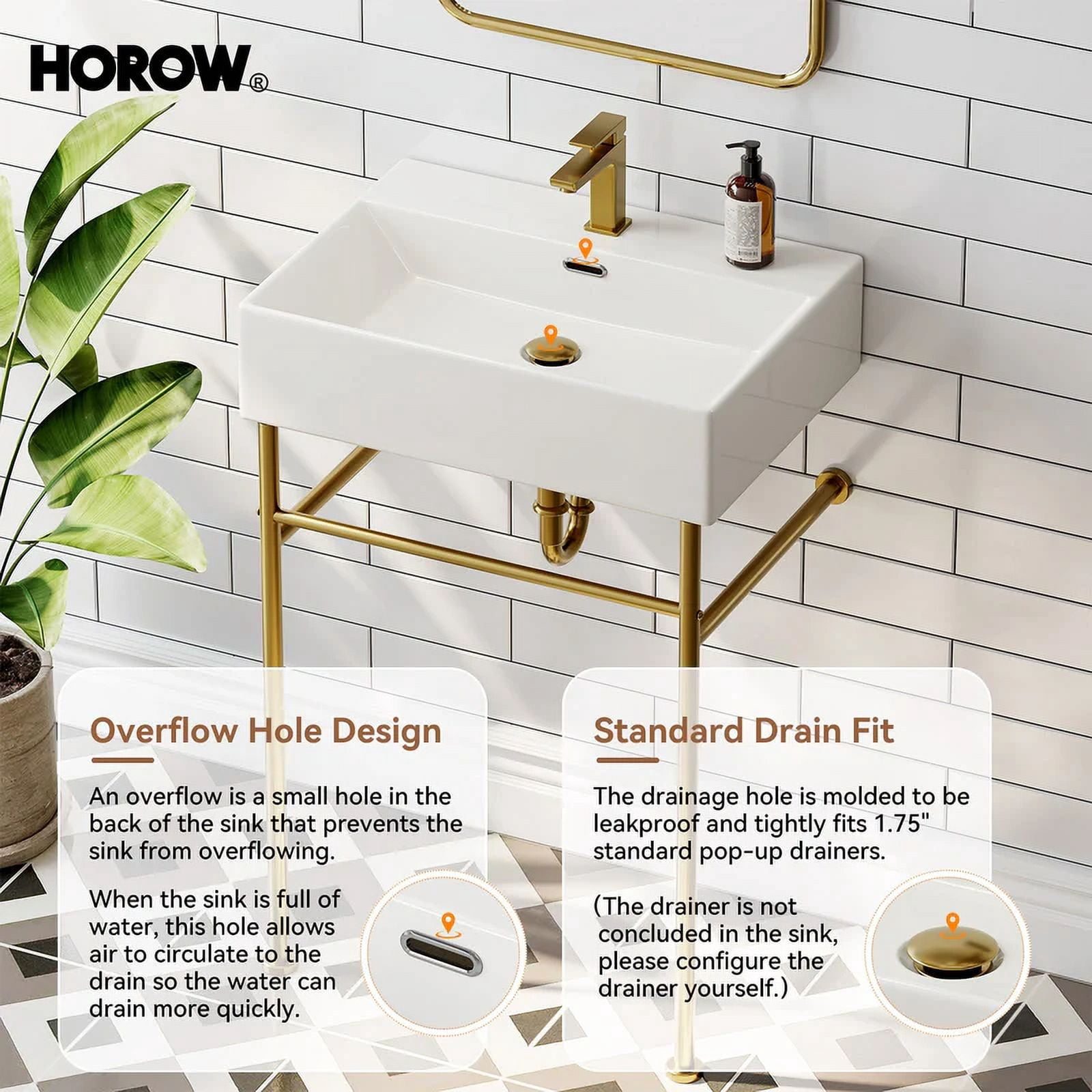 HOROW 24" Console Bathroom Sink,Free Standing 30 Inch Stainless Steel Support Pedestal Legs, Gold
