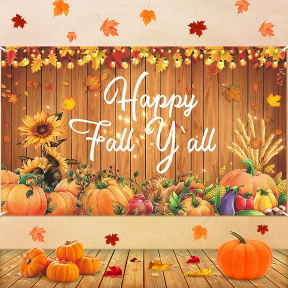 7x5FT Happy Fall Beautiful Party Decorations Banner, Happy Fall Y'all Banner Thanksgiving Autumn Harvest Backdrop, Maple Leaves Pumpkin Thanksgiving Day Autumn Party Home Outdoor Yard Decor
